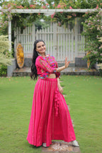 Navratri Special Pink Full-Stitched Roman Fabric Lehenga with Kutchi Gamthi Embroidered Koti Blouse – 6 M Flair