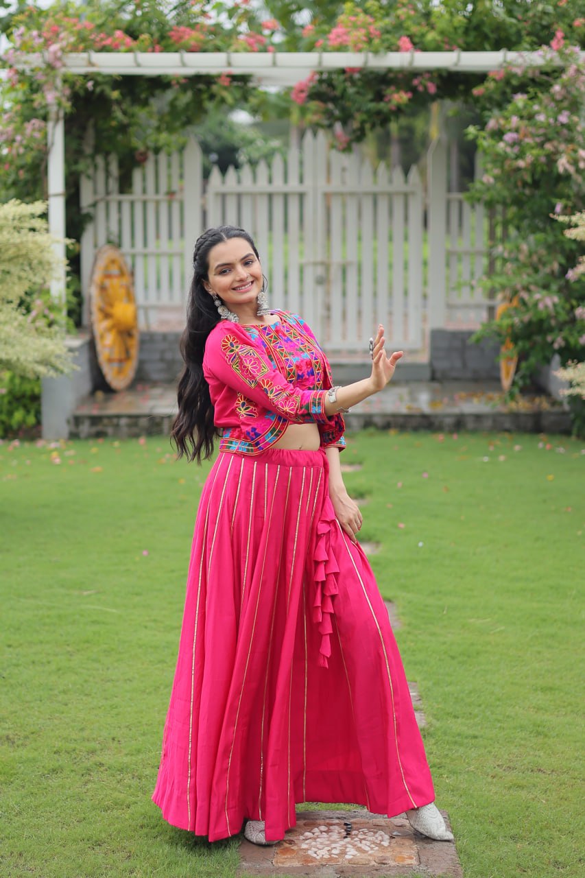 Navratri Special Pink Full-Stitched Roman Fabric Lehenga with Kutchi Gamthi Embroidered Koti Blouse – 6 M Flair