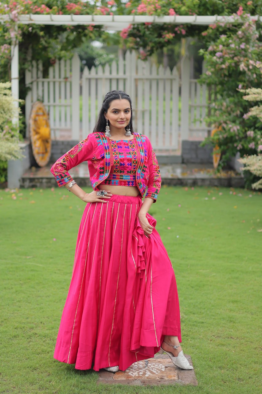 Navratri Special Pink Full-Stitched Roman Fabric Lehenga with Kutchi Gamthi Embroidered Koti Blouse – 6 M Flair