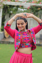 Navratri Special Pink Full-Stitched Roman Fabric Lehenga with Kutchi Gamthi Embroidered Koti Blouse – 6 M Flair