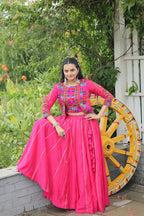 Navratri Special Pink Full-Stitched Roman Fabric Lehenga with Kutchi Gamthi Embroidered Koti Blouse – 6 M Flair