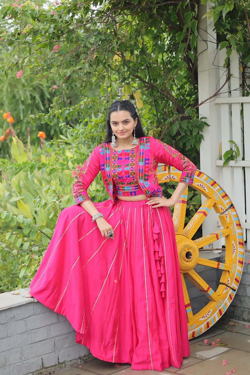 Navratri Special Pink Full-Stitched Roman Fabric Lehenga with Kutchi Gamthi Embroidered Koti Blouse – 6 M Flair