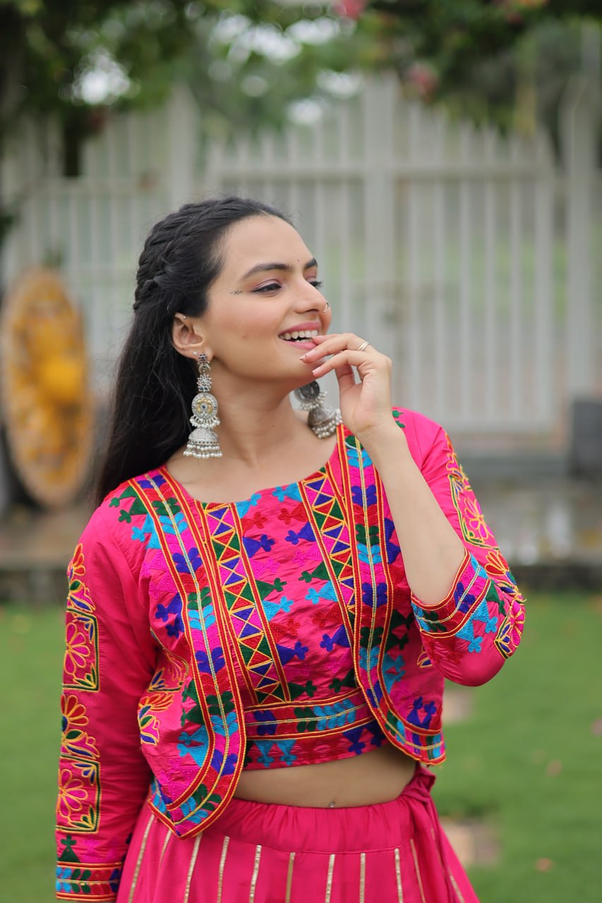 Navratri Special Pink Full-Stitched Roman Fabric Lehenga with Kutchi Gamthi Embroidered Koti Blouse – 6 M Flair