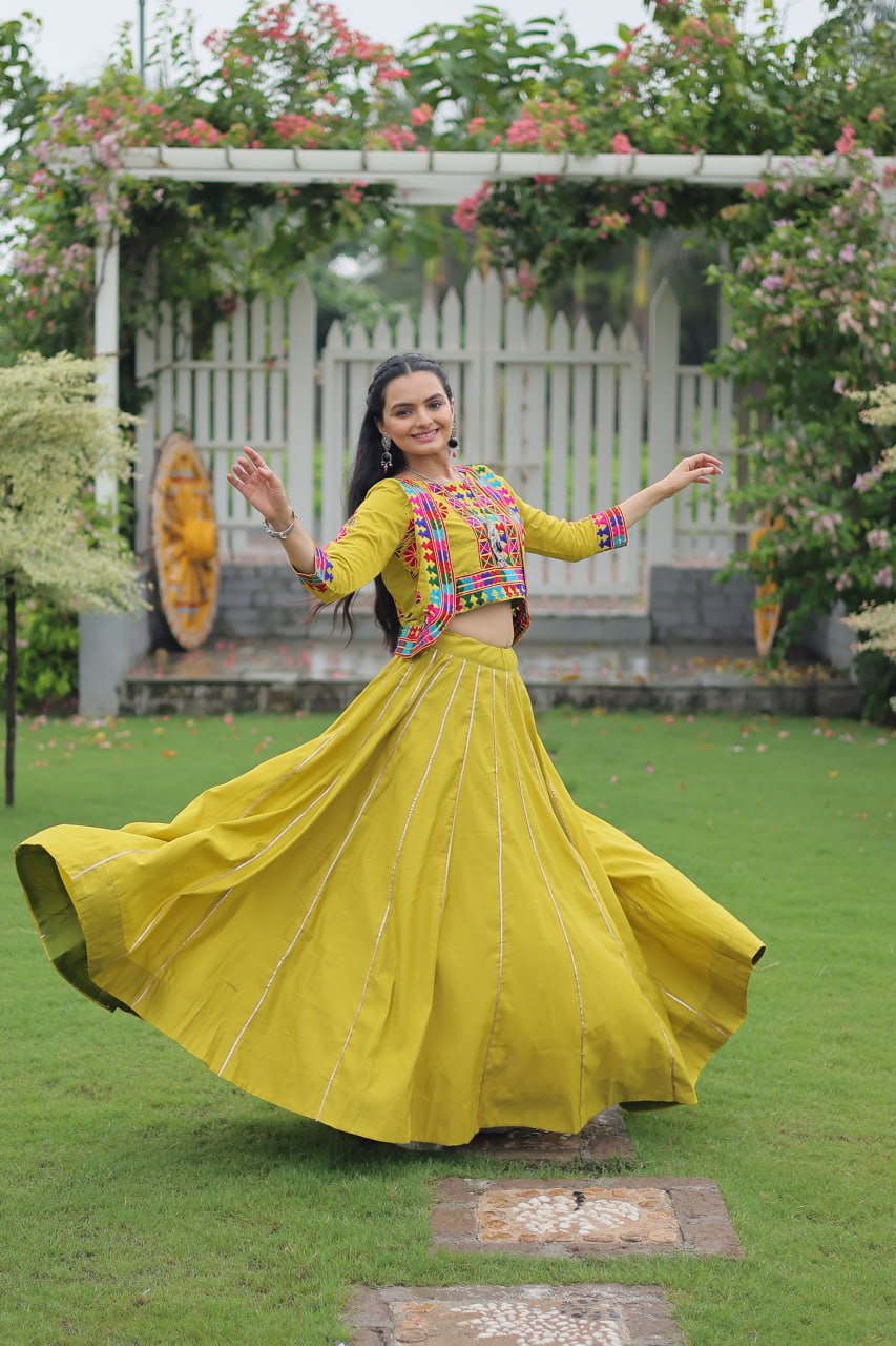 Navratri Special Yellow Full-Stitched Roman Fabric Lehenga with Kutchi Gamthi Embroidered Koti Blouse – 6 M Flair