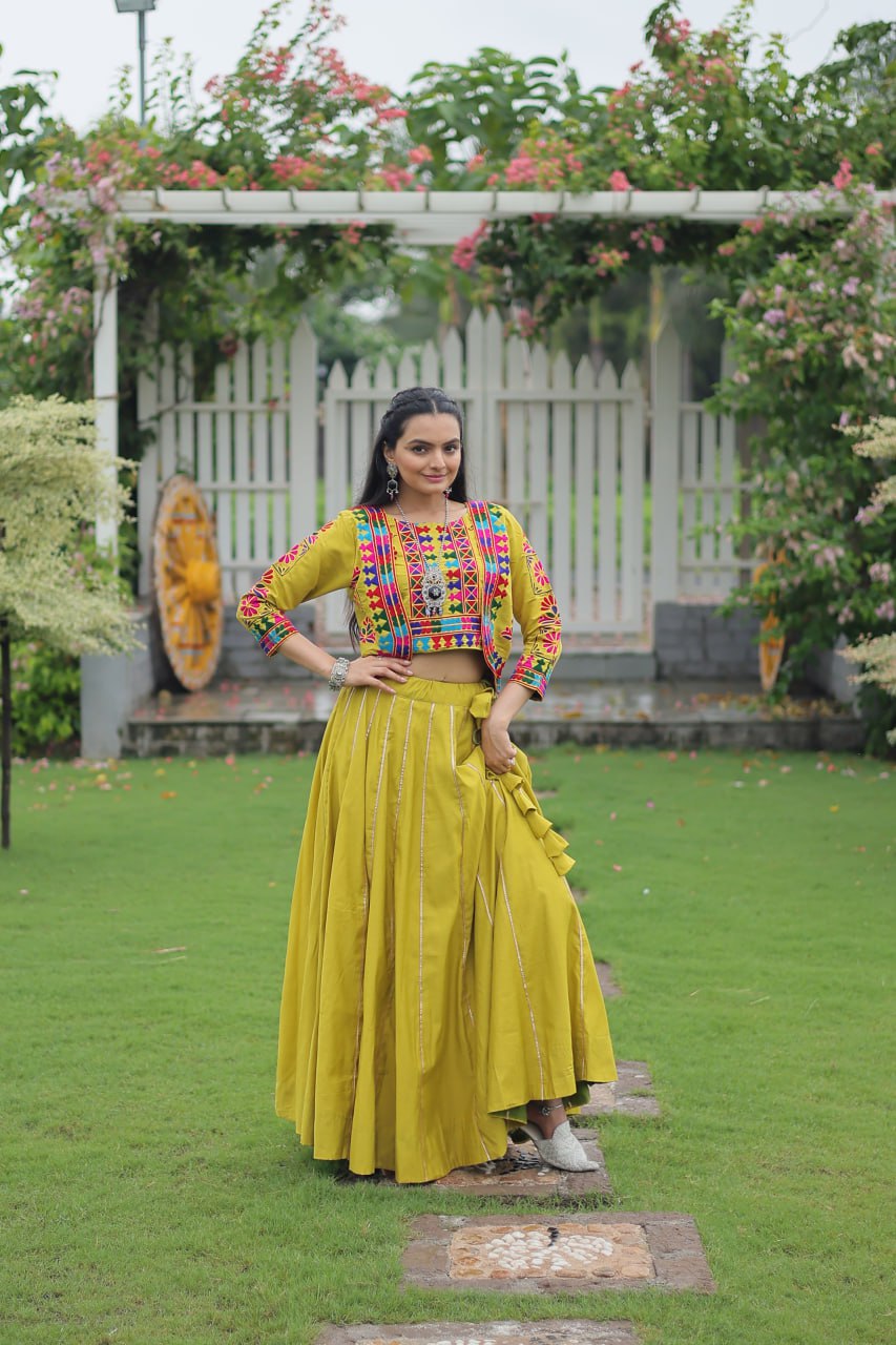 Navratri Special Yellow Full-Stitched Roman Fabric Lehenga with Kutchi Gamthi Embroidered Koti Blouse – 6 M Flair