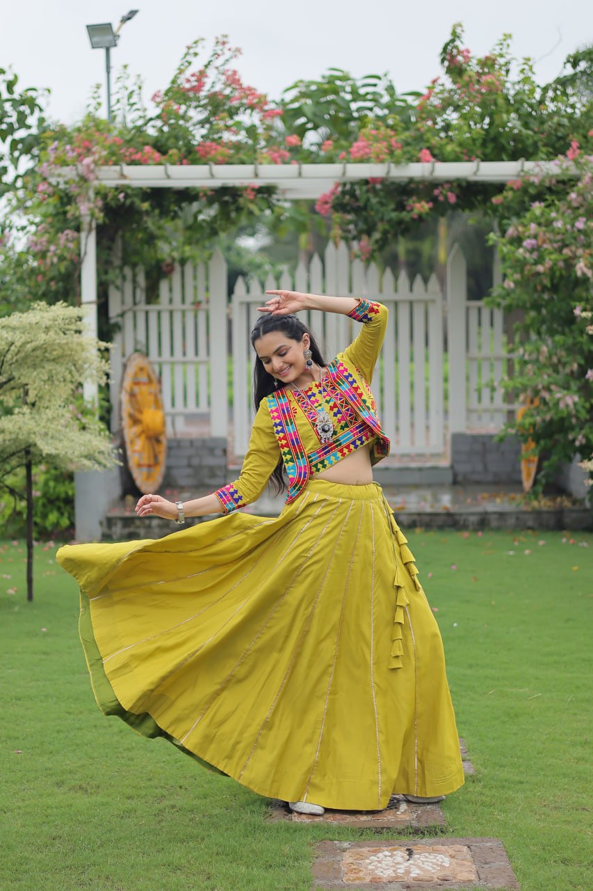Navratri Special Yellow Full-Stitched Roman Fabric Lehenga with Kutchi Gamthi Embroidered Koti Blouse – 6 M Flair
