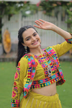 Navratri Special Yellow Full-Stitched Roman Fabric Lehenga with Kutchi Gamthi Embroidered Koti Blouse – 6 M Flair