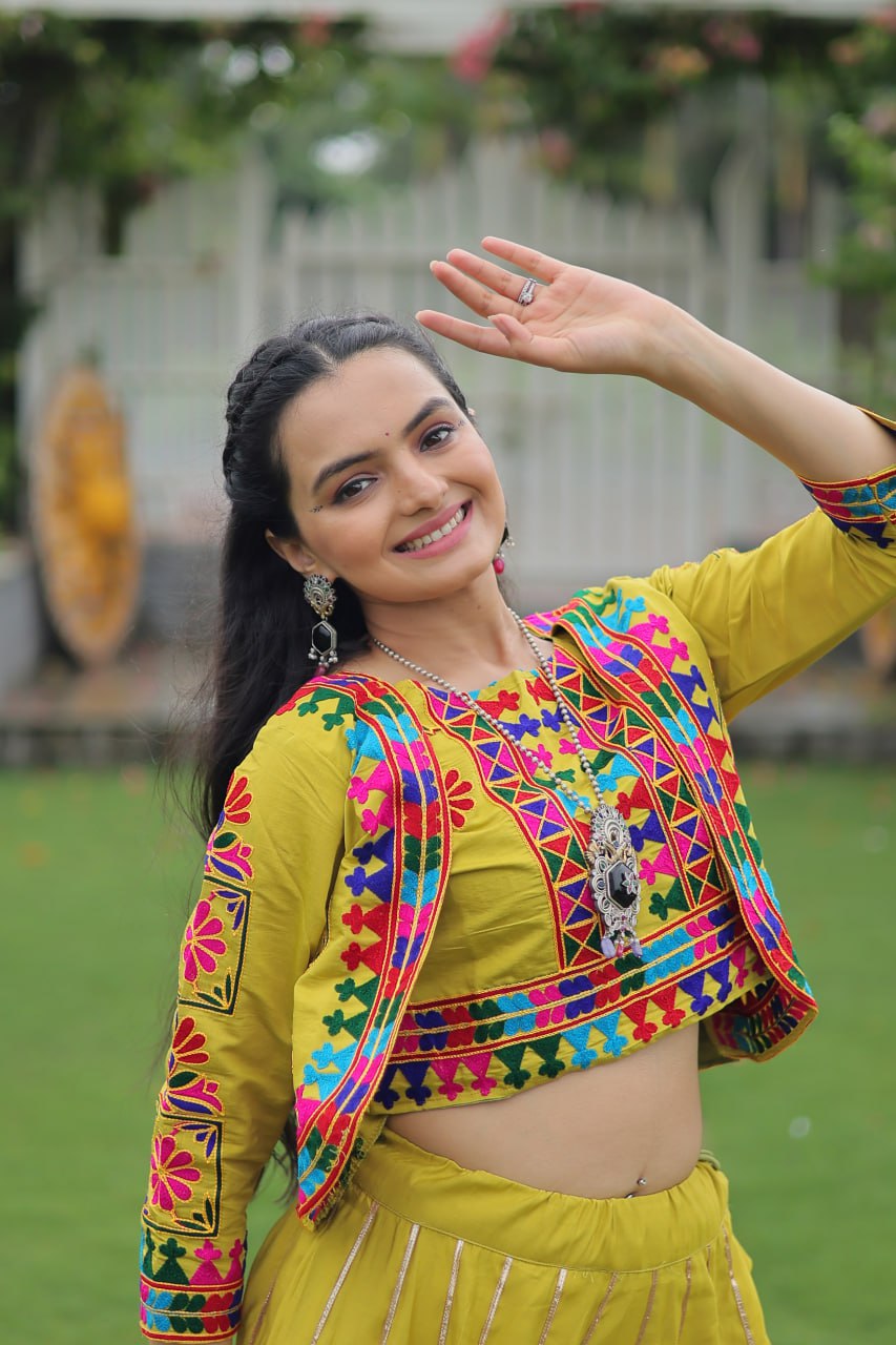 Navratri Special Yellow Full-Stitched Roman Fabric Lehenga with Kutchi Gamthi Embroidered Koti Blouse – 6 M Flair