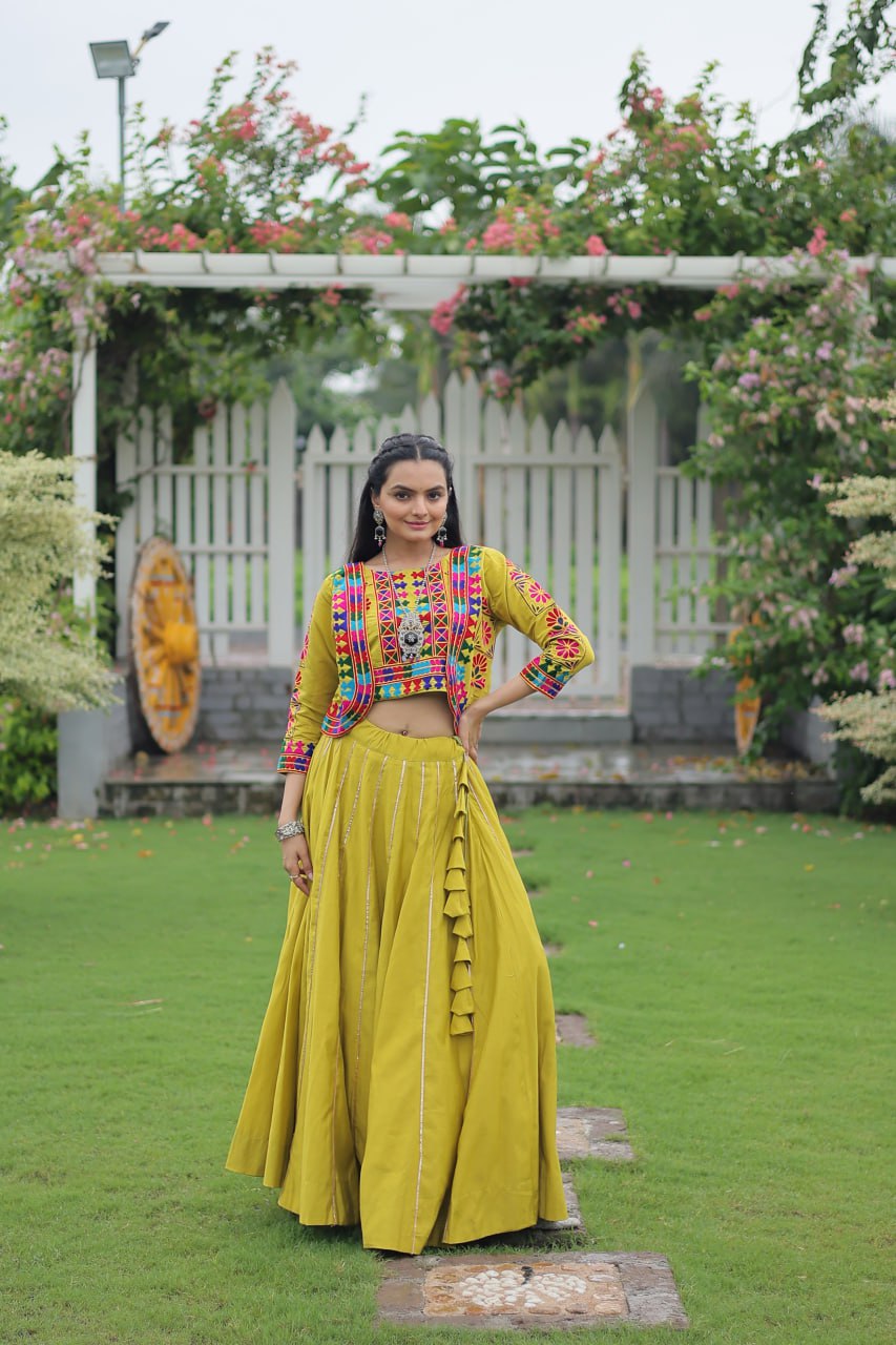 Navratri Special Yellow Full-Stitched Roman Fabric Lehenga with Kutchi Gamthi Embroidered Koti Blouse – 6 M Flair
