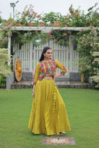 Navratri Special Yellow Full-Stitched Roman Fabric Lehenga with Kutchi Gamthi Embroidered Koti Blouse – 6 M Flair