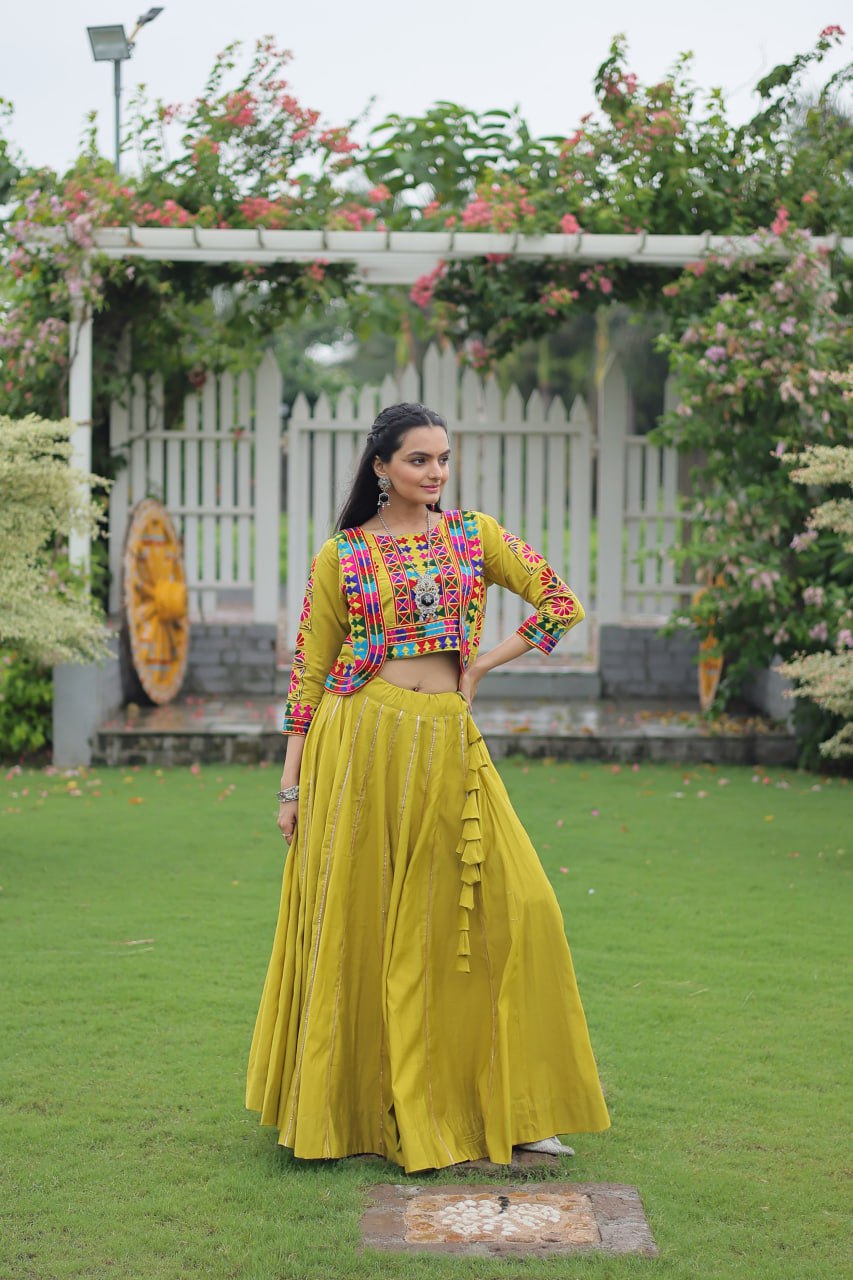Navratri Special Yellow Full-Stitched Roman Fabric Lehenga with Kutchi Gamthi Embroidered Koti Blouse – 6 M Flair