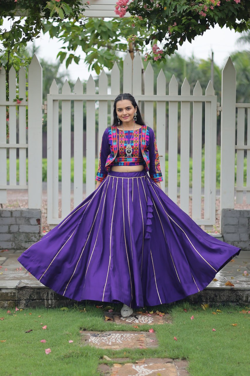 Navratri Special Purple Full-Stitched Roman Fabric Lehenga with Kutchi Gamthi Embroidered Koti Blouse – 6 M Flair (Copy)