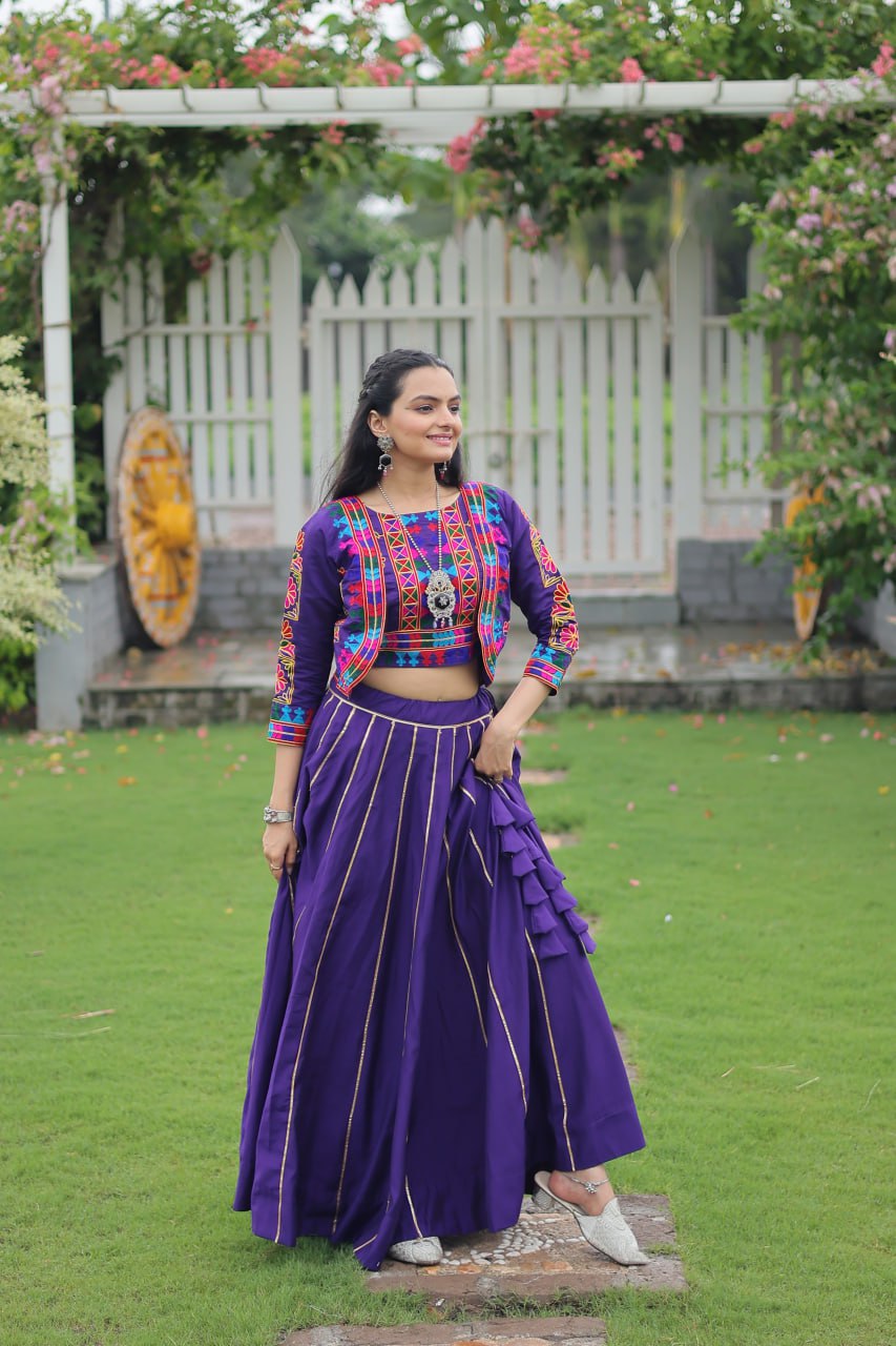 Navratri Special Purple Full-Stitched Roman Fabric Lehenga with Kutchi Gamthi Embroidered Koti Blouse – 6 M Flair (Copy)