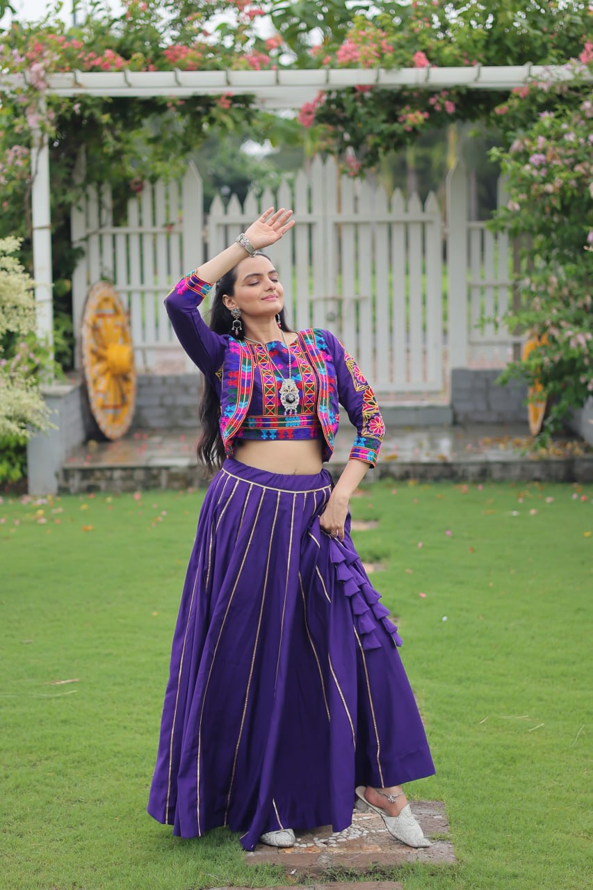Navratri Special Purple Full-Stitched Roman Fabric Lehenga with Kutchi Gamthi Embroidered Koti Blouse – 6 M Flair (Copy)