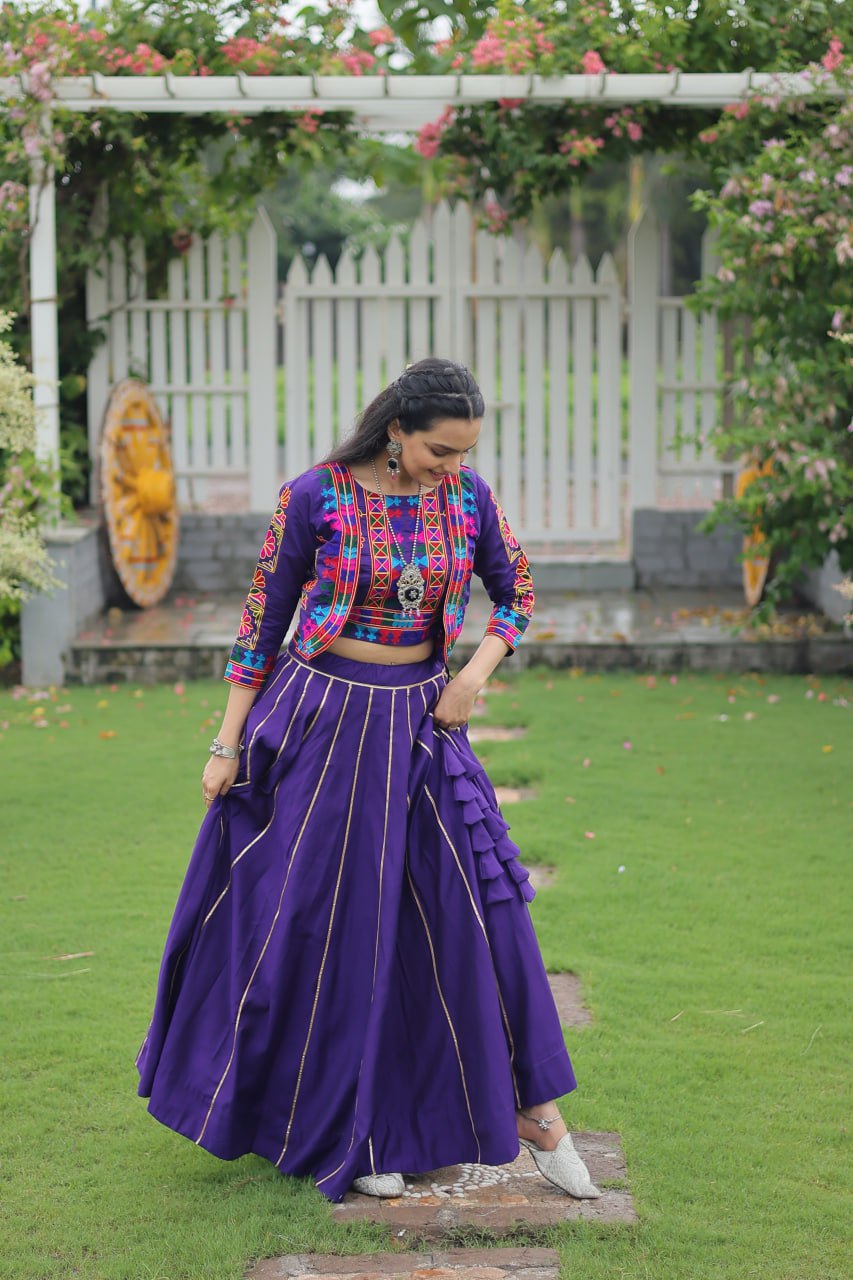 Navratri Special Purple Full-Stitched Roman Fabric Lehenga with Kutchi Gamthi Embroidered Koti Blouse – 6 M Flair (Copy)
