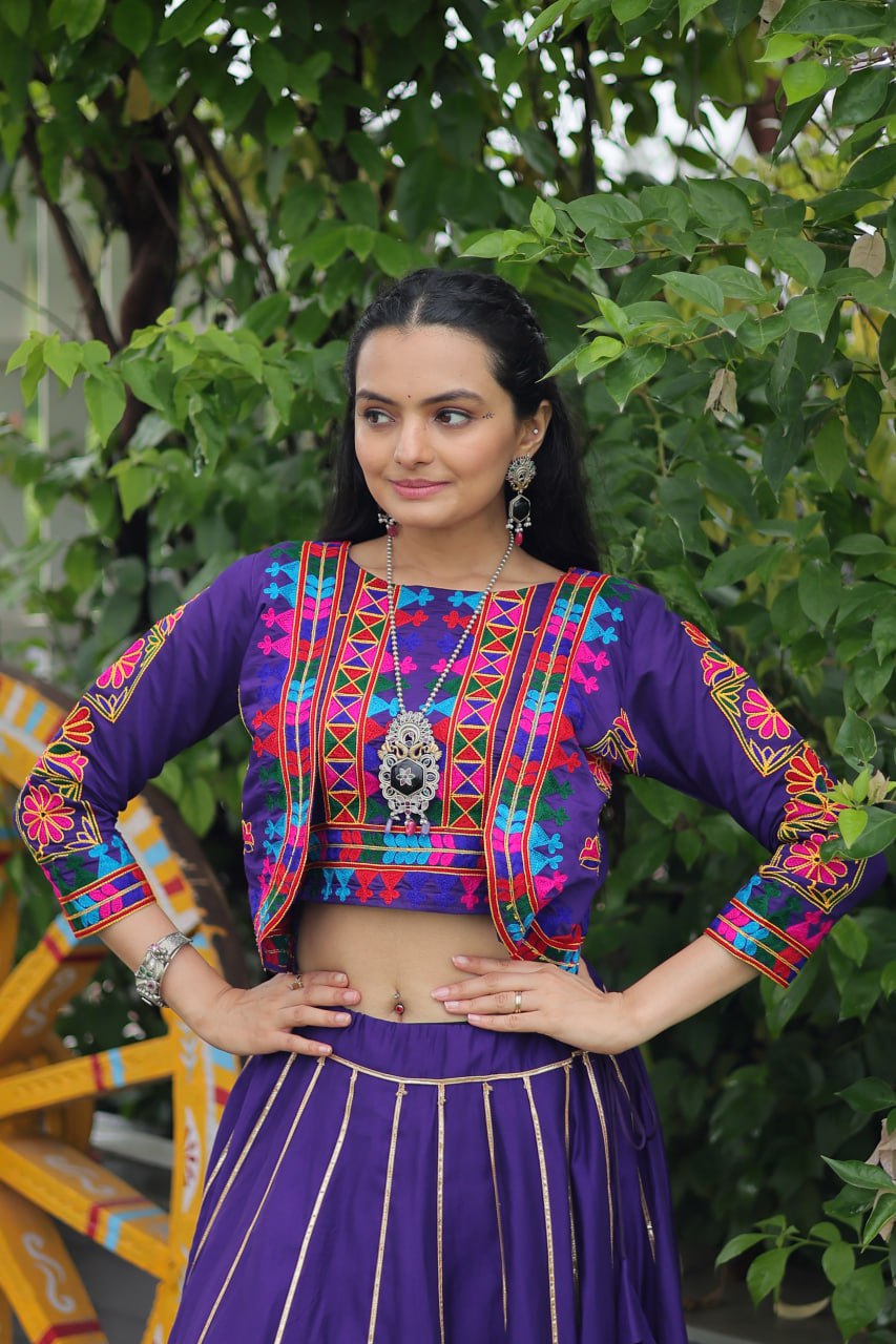 Navratri Special Purple Full-Stitched Roman Fabric Lehenga with Kutchi Gamthi Embroidered Koti Blouse – 6 M Flair (Copy)