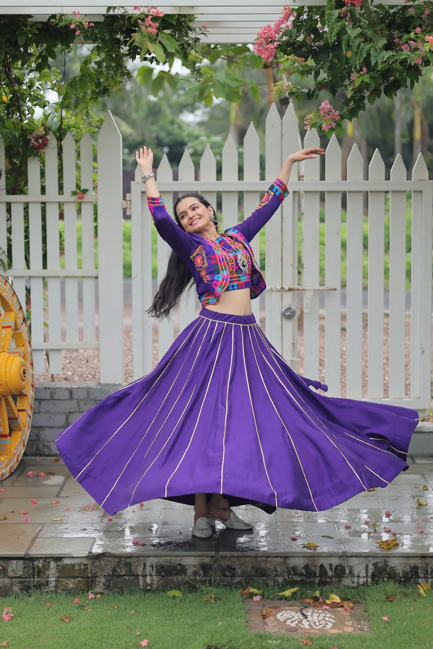 Navratri Special Purple Full-Stitched Roman Fabric Lehenga with Kutchi Gamthi Embroidered Koti Blouse – 6 M Flair (Copy)