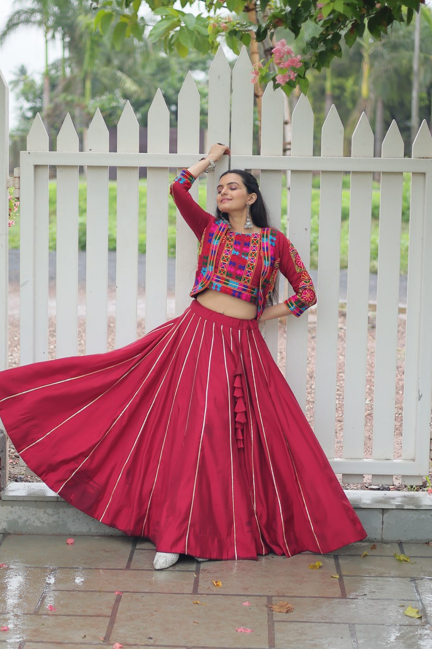 Navratri Special Red Full-Stitched Roman Fabric Lehenga with Kutchi Gamthi Embroidered Koti Blouse – 6 M Flair