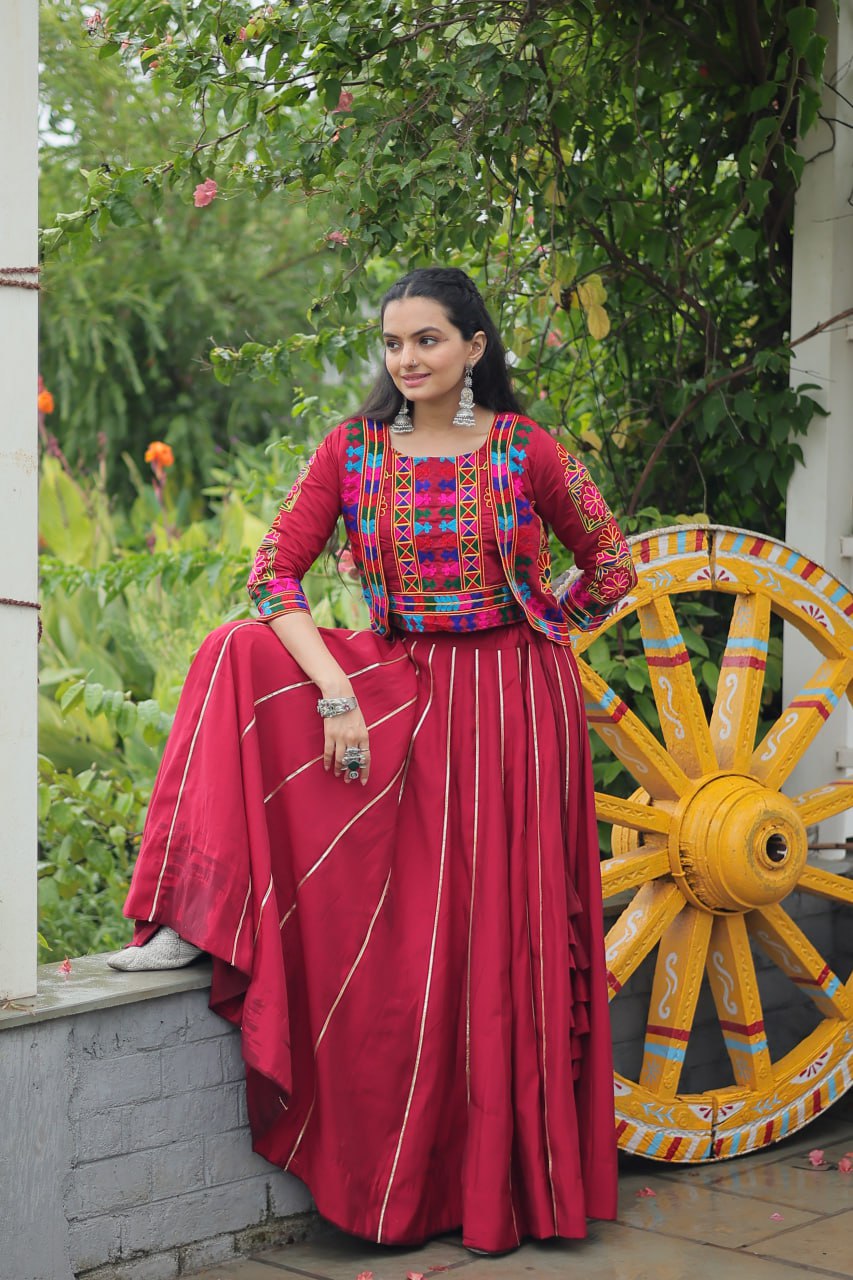 Navratri Special Red Full-Stitched Roman Fabric Lehenga with Kutchi Gamthi Embroidered Koti Blouse – 6 M Flair