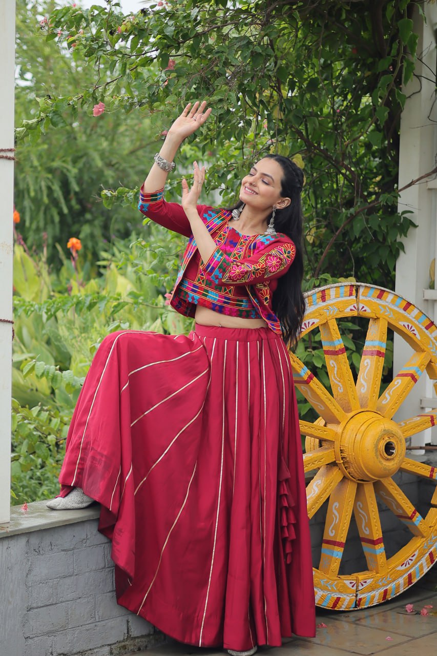 Navratri Special Red Full-Stitched Roman Fabric Lehenga with Kutchi Gamthi Embroidered Koti Blouse – 6 M Flair