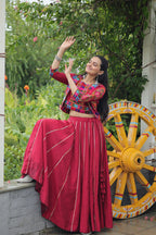 Navratri Special Red Full-Stitched Roman Fabric Lehenga with Kutchi Gamthi Embroidered Koti Blouse – 6 M Flair