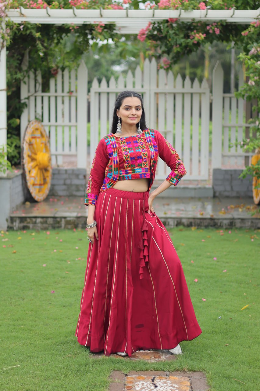 Navratri Special Red Full-Stitched Roman Fabric Lehenga with Kutchi Gamthi Embroidered Koti Blouse – 6 M Flair