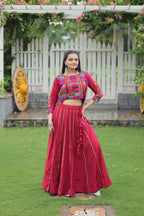 Navratri Special Red Full-Stitched Roman Fabric Lehenga with Kutchi Gamthi Embroidered Koti Blouse – 6 M Flair