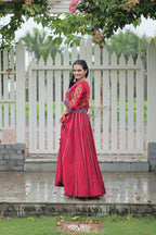 Navratri Special Red Full-Stitched Roman Fabric Lehenga with Kutchi Gamthi Embroidered Koti Blouse – 6 M Flair