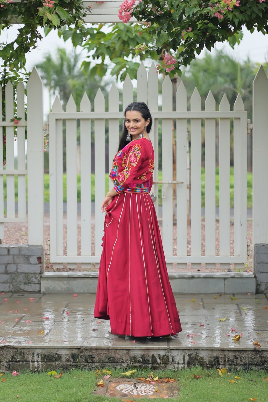 Navratri Special Red Full-Stitched Roman Fabric Lehenga with Kutchi Gamthi Embroidered Koti Blouse – 6 M Flair