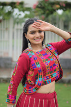Navratri Special Red Full-Stitched Roman Fabric Lehenga with Kutchi Gamthi Embroidered Koti Blouse – 6 M Flair