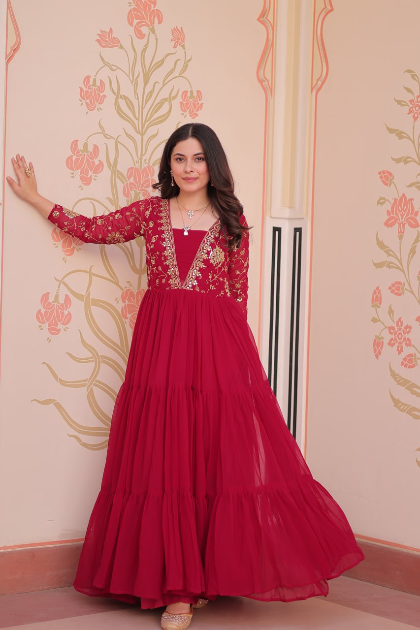 Designer Ranipink Gown in Faux Blooming with Sequins & Zari Embroidery – Full Flair & Fancy V Neck
