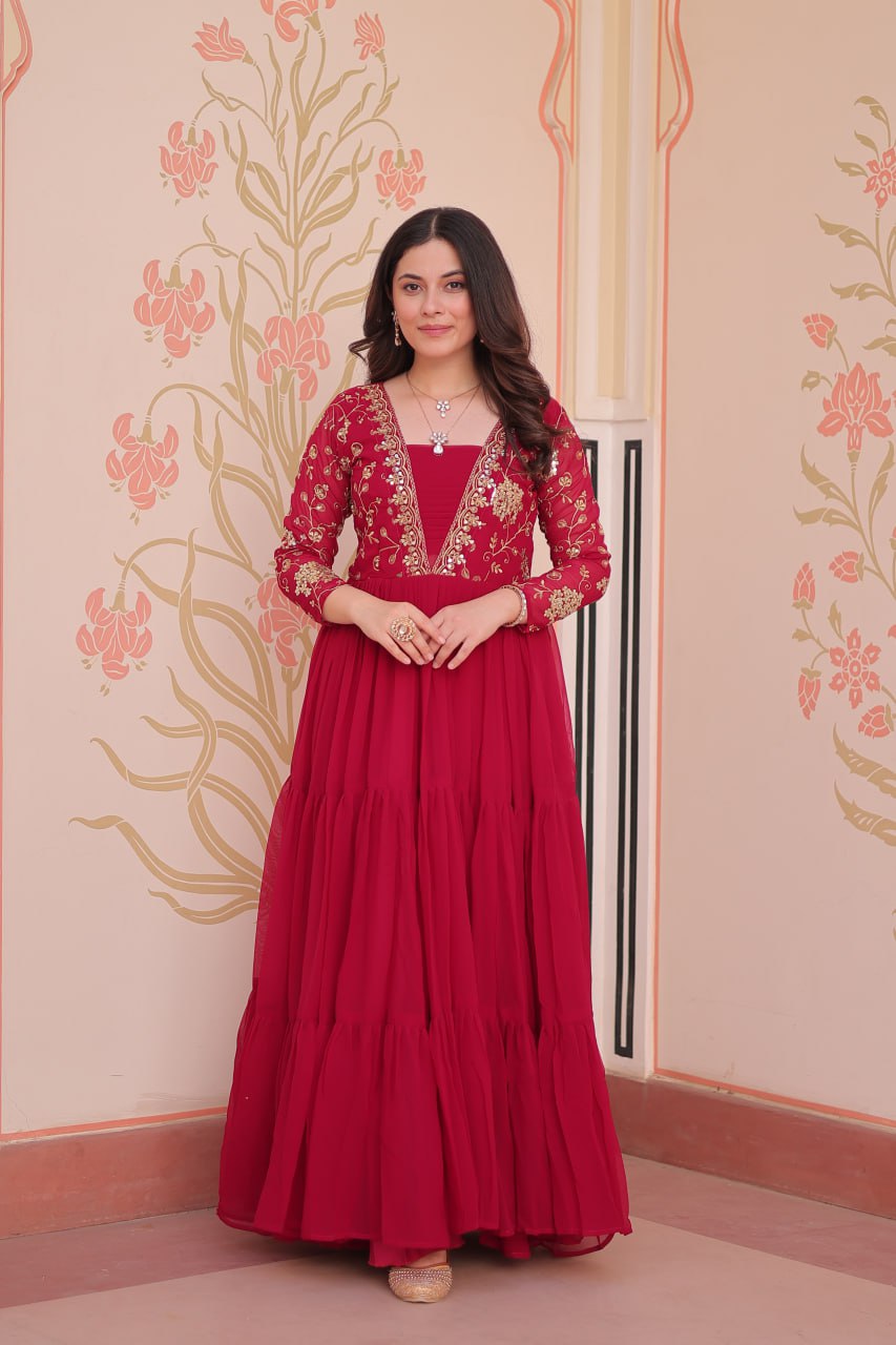 Designer Ranipink Gown in Faux Blooming with Sequins & Zari Embroidery – Full Flair & Fancy V Neck