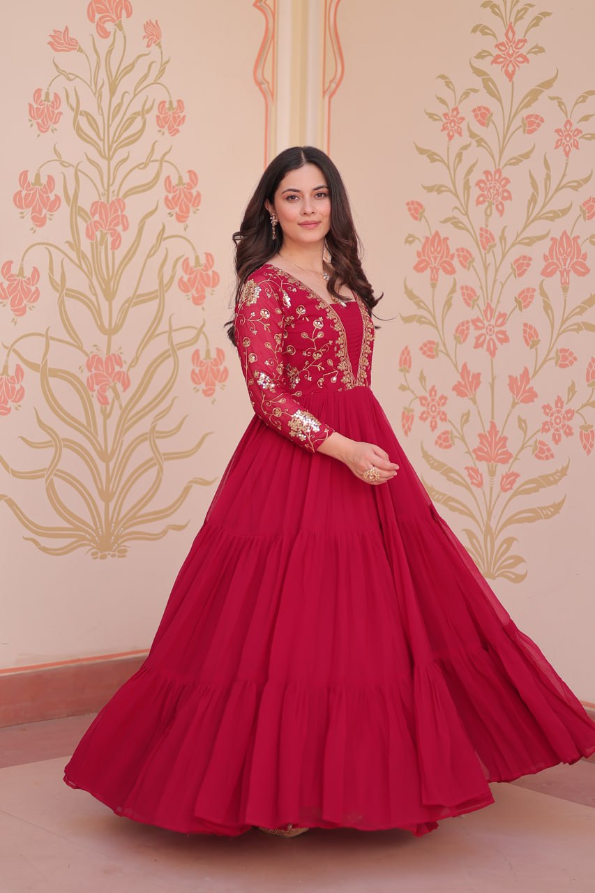 Designer Ranipink Gown in Faux Blooming with Sequins & Zari Embroidery – Full Flair & Fancy V Neck