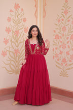 Designer Ranipink Gown in Faux Blooming with Sequins & Zari Embroidery – Full Flair & Fancy V Neck