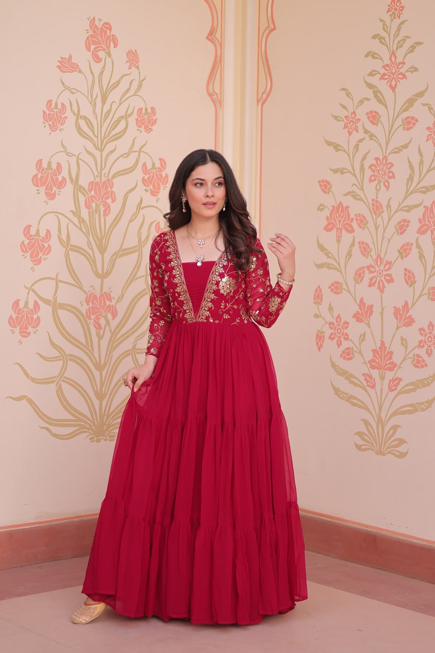 Designer Ranipink Gown in Faux Blooming with Sequins & Zari Embroidery – Full Flair & Fancy V Neck