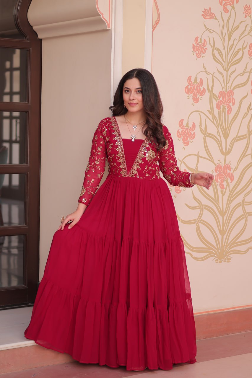 Designer Ranipink Gown in Faux Blooming with Sequins & Zari Embroidery – Full Flair & Fancy V Neck