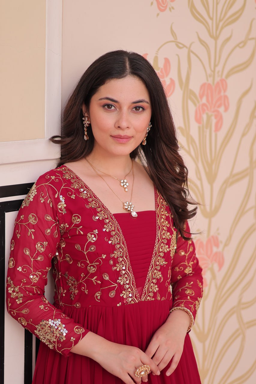 Designer Ranipink Gown in Faux Blooming with Sequins & Zari Embroidery – Full Flair & Fancy V Neck