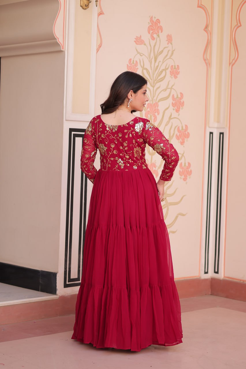 Designer Ranipink Gown in Faux Blooming with Sequins & Zari Embroidery – Full Flair & Fancy V Neck