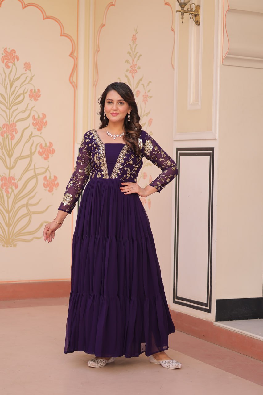Designer Purple Gown in Faux Blooming with Sequins & Zari Embroidery – Full Flair & Fancy V Neck