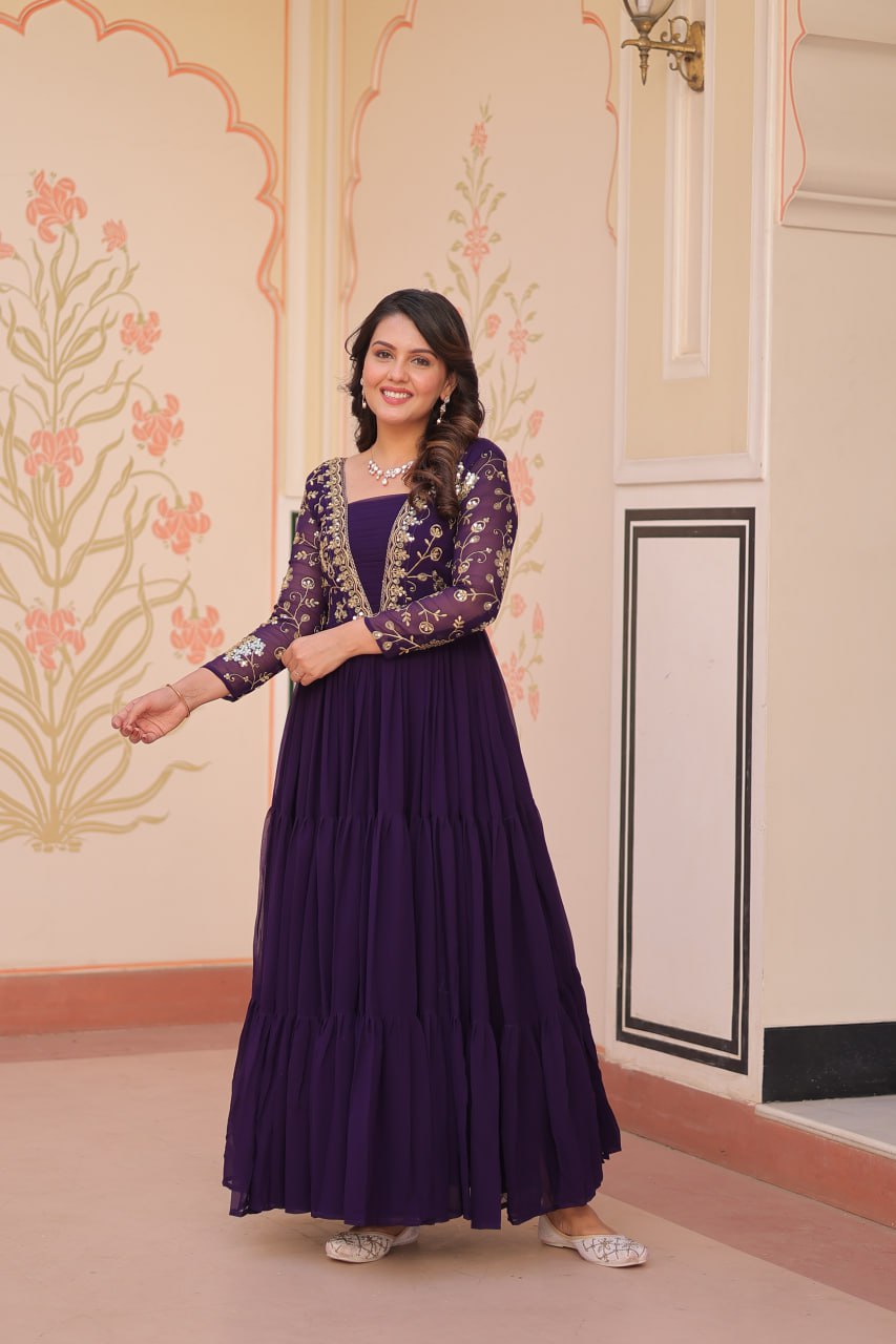 Designer Purple Gown in Faux Blooming with Sequins & Zari Embroidery – Full Flair & Fancy V Neck