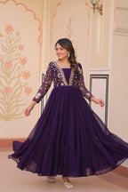 Designer Purple Gown in Faux Blooming with Sequins & Zari Embroidery – Full Flair & Fancy V Neck