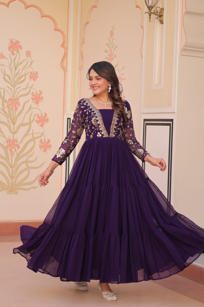 Designer Purple Gown in Faux Blooming with Sequins & Zari Embroidery – Full Flair & Fancy V Neck