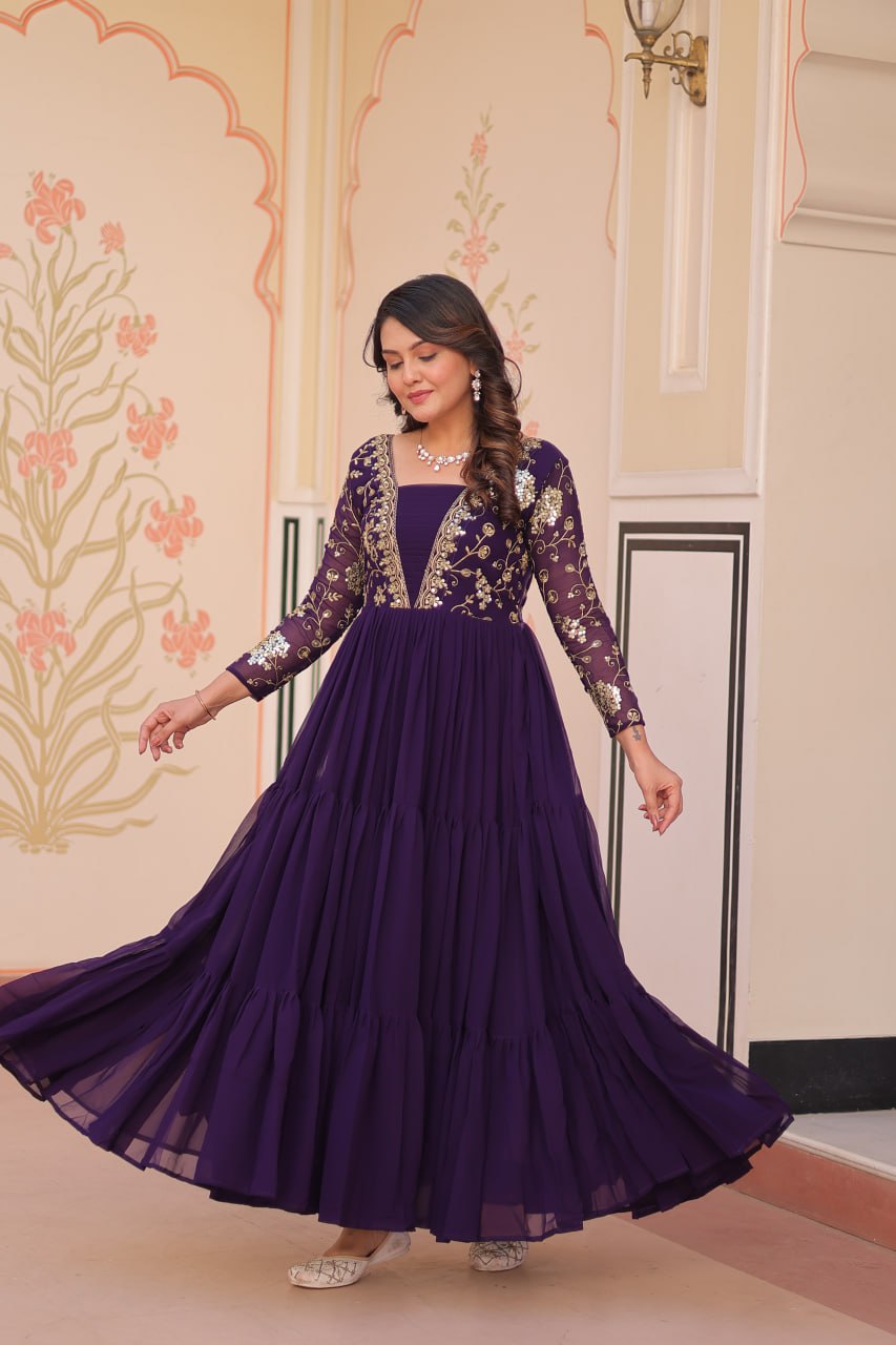 Designer Purple Gown in Faux Blooming with Sequins & Zari Embroidery – Full Flair & Fancy V Neck