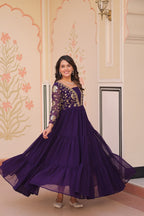 Designer Purple Gown in Faux Blooming with Sequins & Zari Embroidery – Full Flair & Fancy V Neck