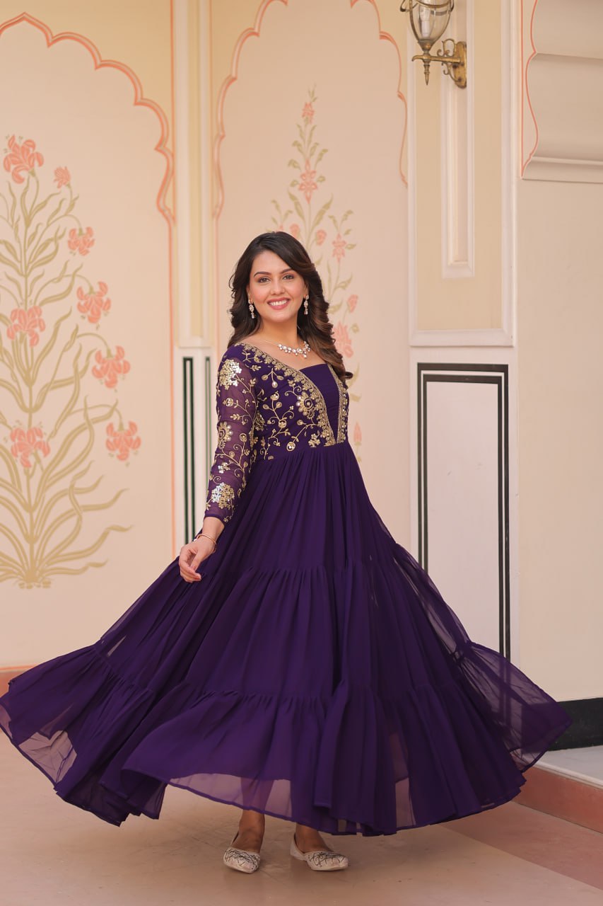 Designer Purple Gown in Faux Blooming with Sequins & Zari Embroidery – Full Flair & Fancy V Neck