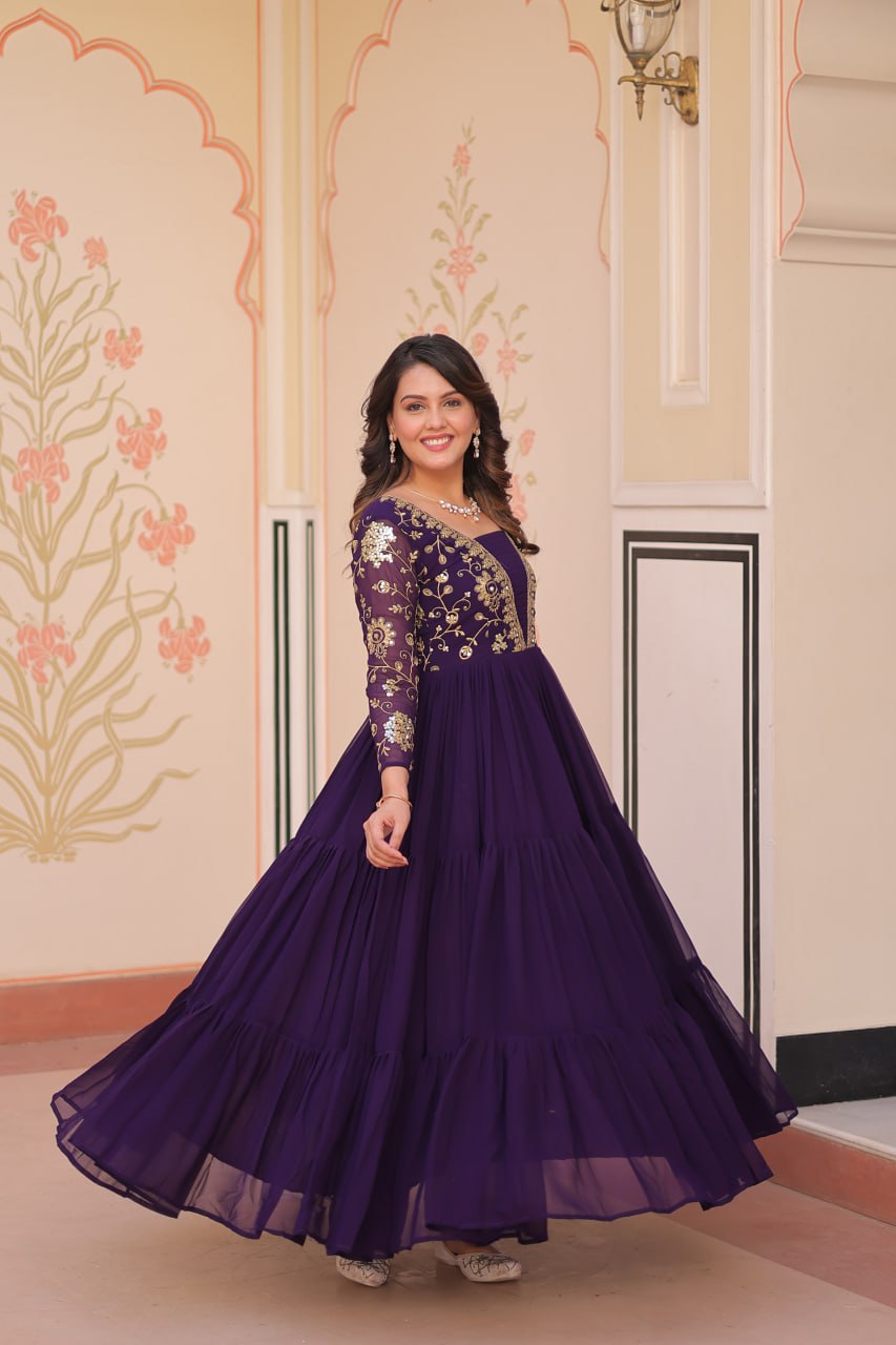 Designer Purple Gown in Faux Blooming with Sequins & Zari Embroidery – Full Flair & Fancy V Neck