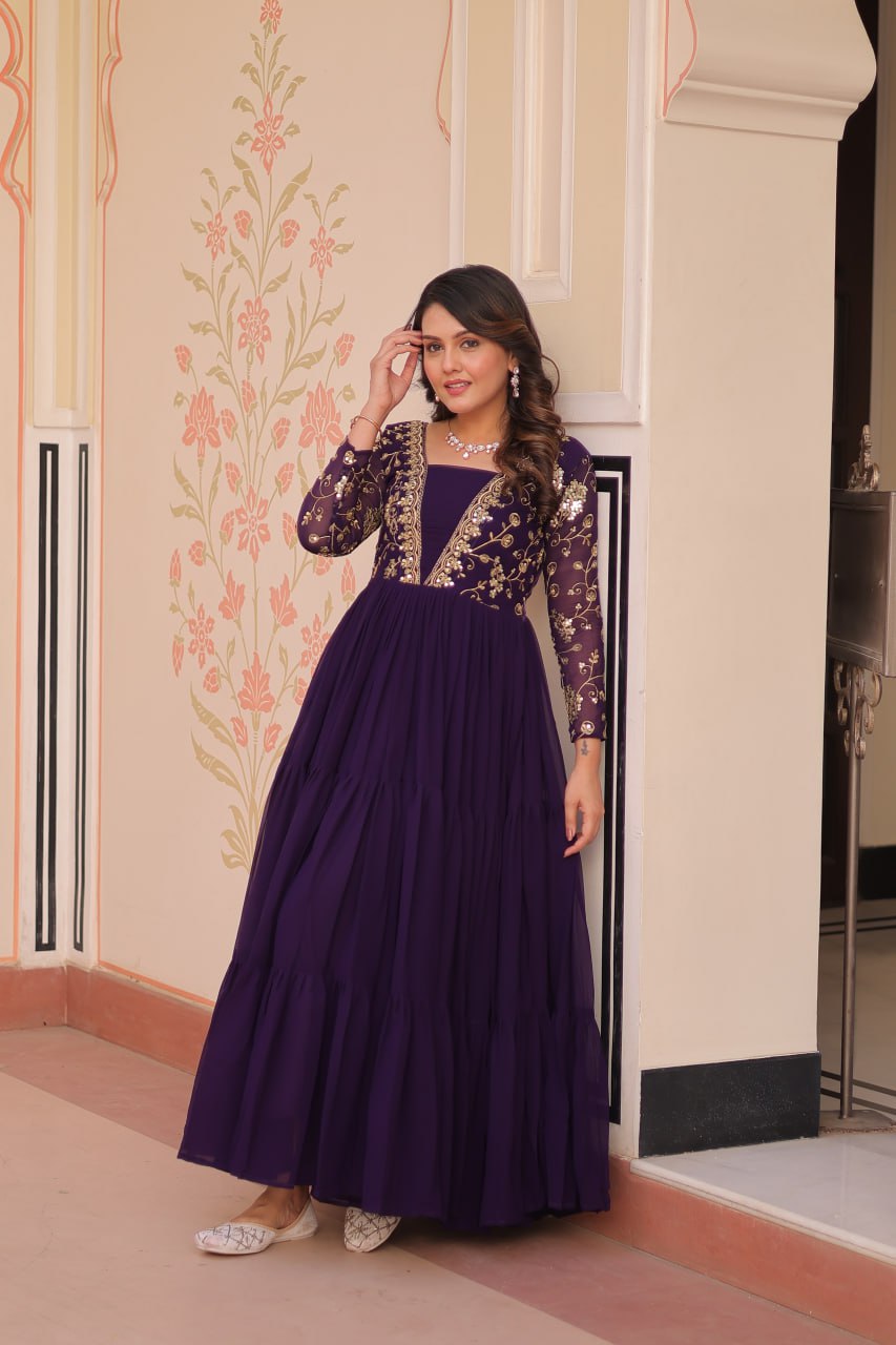 Designer Purple Gown in Faux Blooming with Sequins & Zari Embroidery – Full Flair & Fancy V Neck