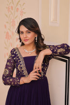 Designer Purple Gown in Faux Blooming with Sequins & Zari Embroidery – Full Flair & Fancy V Neck