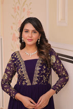 Designer Purple Gown in Faux Blooming with Sequins & Zari Embroidery – Full Flair & Fancy V Neck