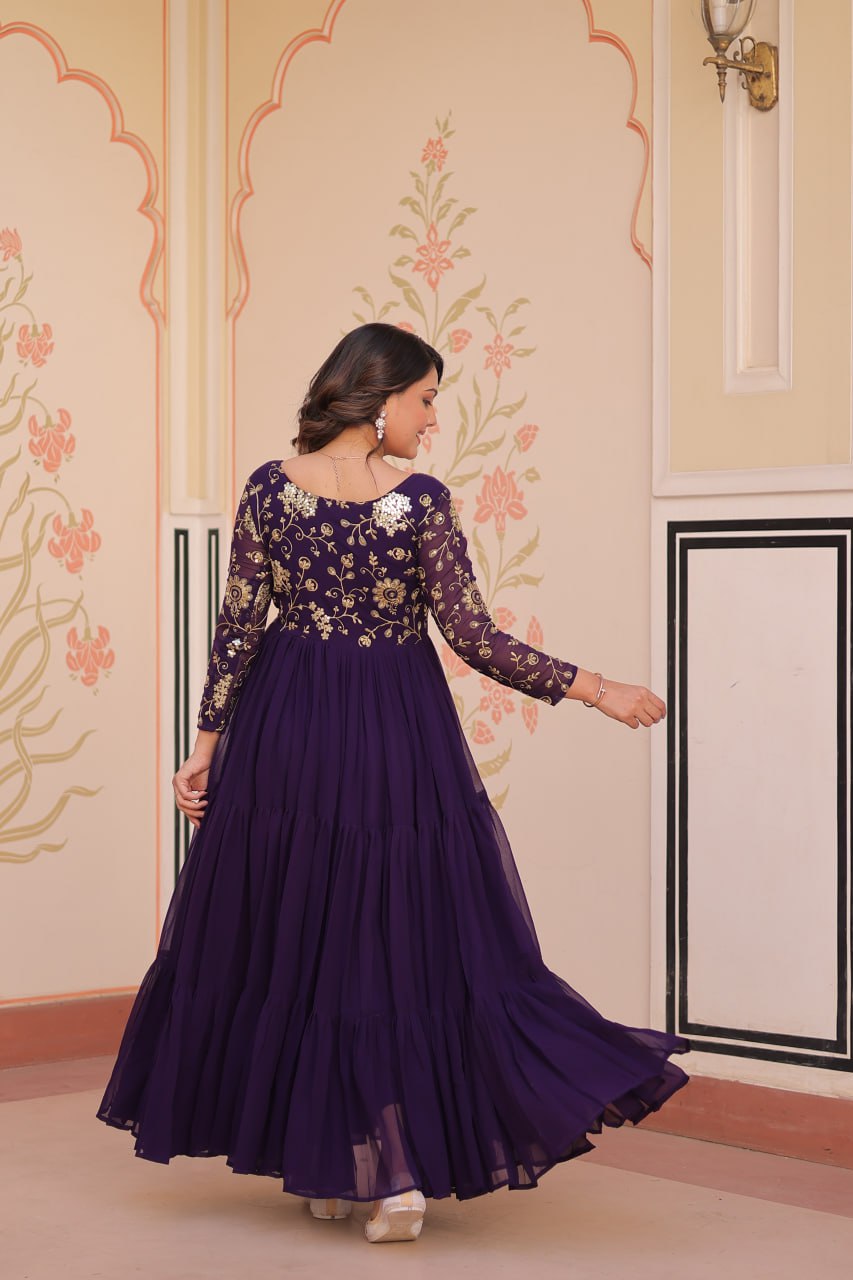 Designer Purple Gown in Faux Blooming with Sequins & Zari Embroidery – Full Flair & Fancy V Neck